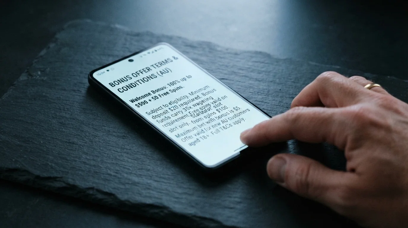 A smartphone screen displaying bonus terms and wagering-requirement fine print