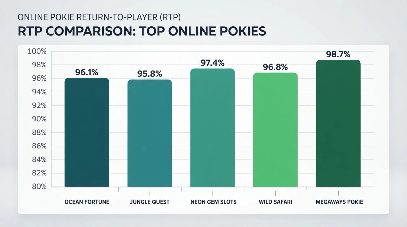 A bar chart comparing RTP percentages of several online pokies, with a 100% reference line and titles labelled beneath each bar