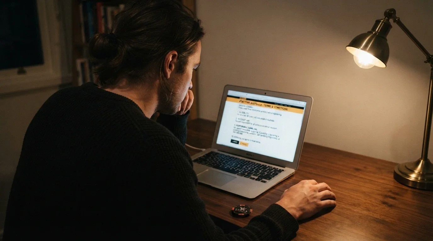 A player pausing to review terms and limits before placing a bet