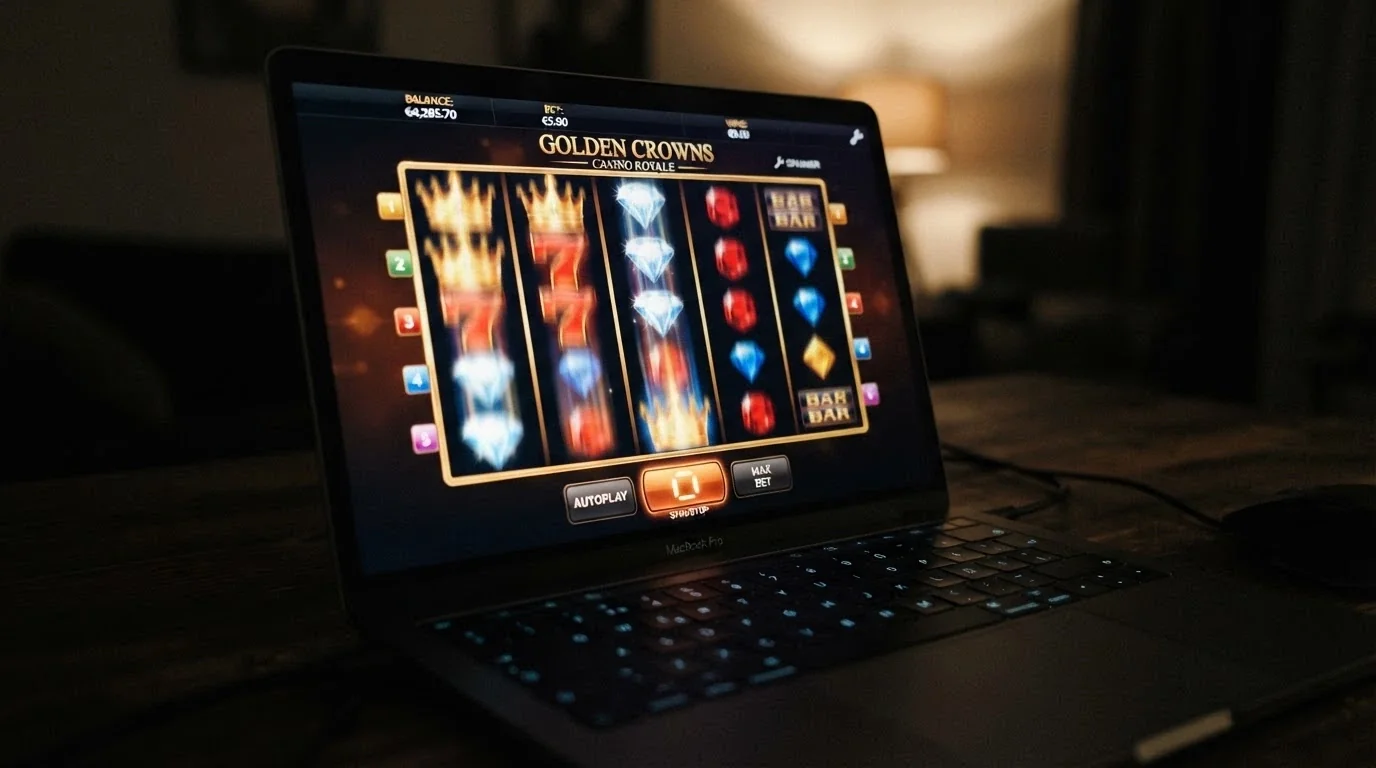 A row of online pokies reels showing high-value symbols mid-spin