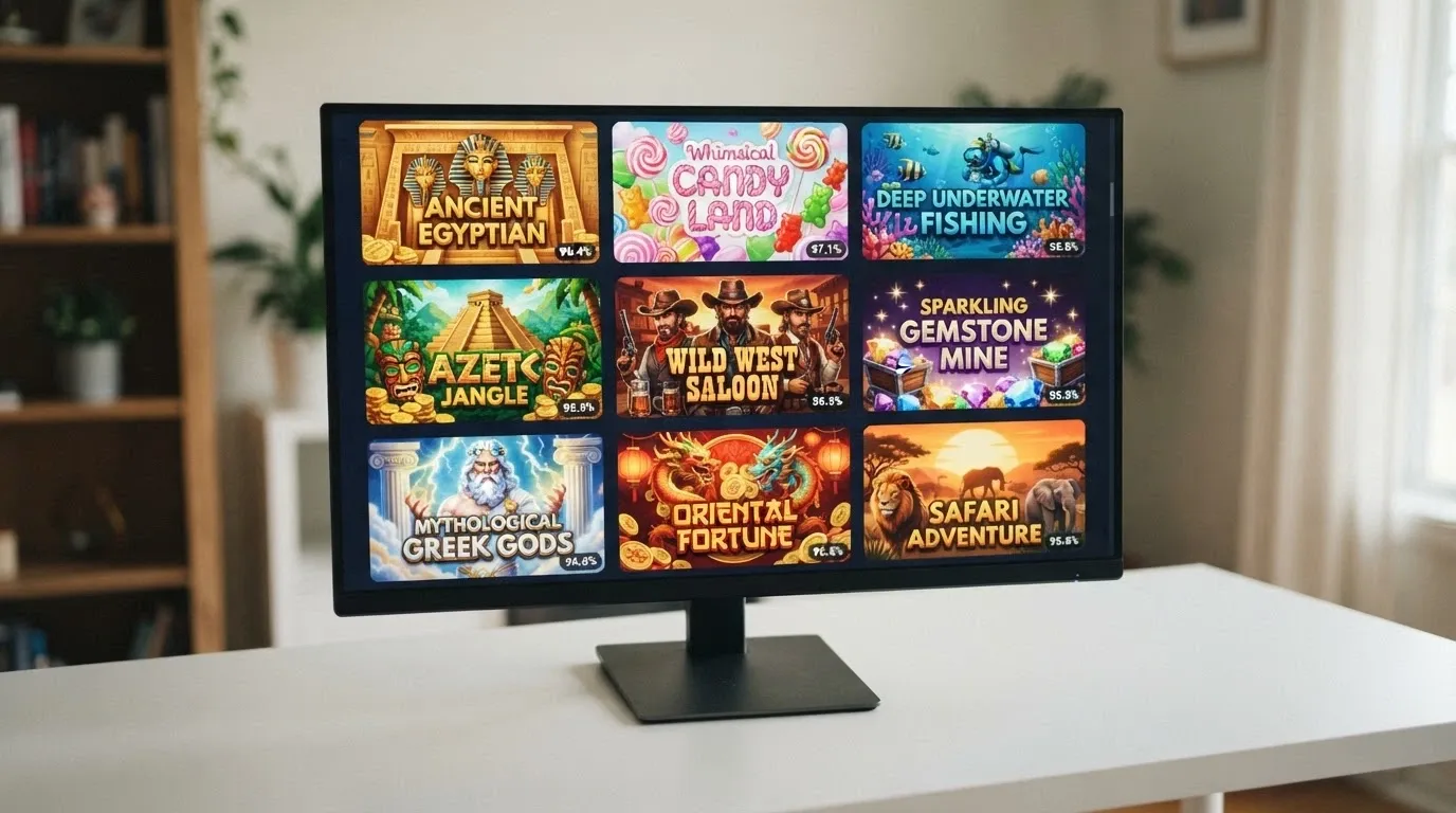 A colourful grid of online pokie title cards including Gates of Olympus, Sweet Bonanza and Big Bass Bonanza with their RTP percentages overlaid