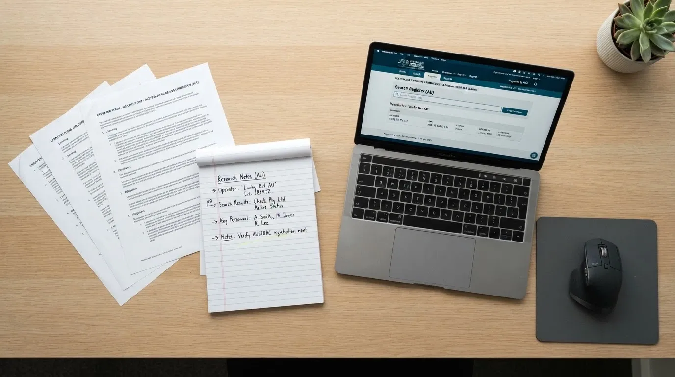 A desk with a notepad, several printed operator terms pages, and a laptop open to a licence-register search screen