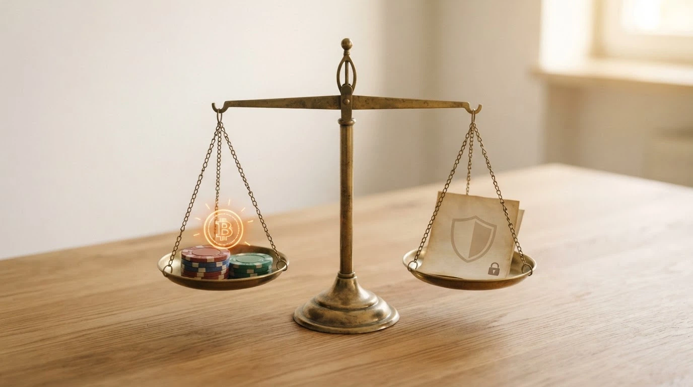 A balanced visual weighing the pros (crypto speed, game variety, bonus choice) against the cons (no BetStop, no consumer protection, no complaints body) on an even scale