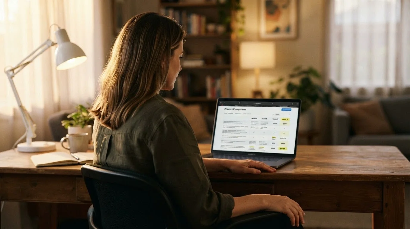 An Australian adult at a laptop, one hand resting away from the keyboard, looking at the screen with a considering expression — not clicking