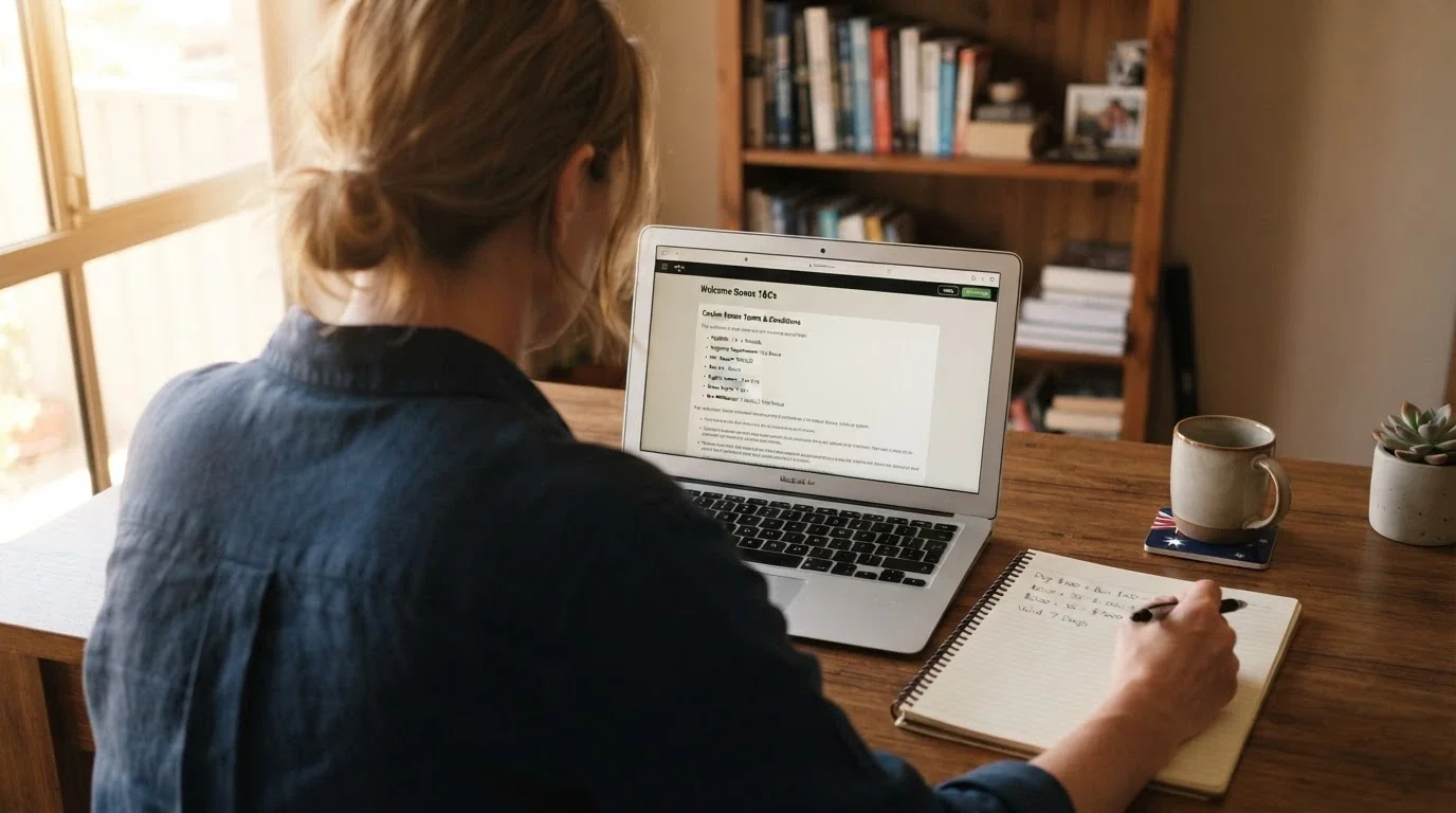 An Australian adult looking at a laptop screen displaying a casino bonus terms page, hand resting on a notepad with figures written down