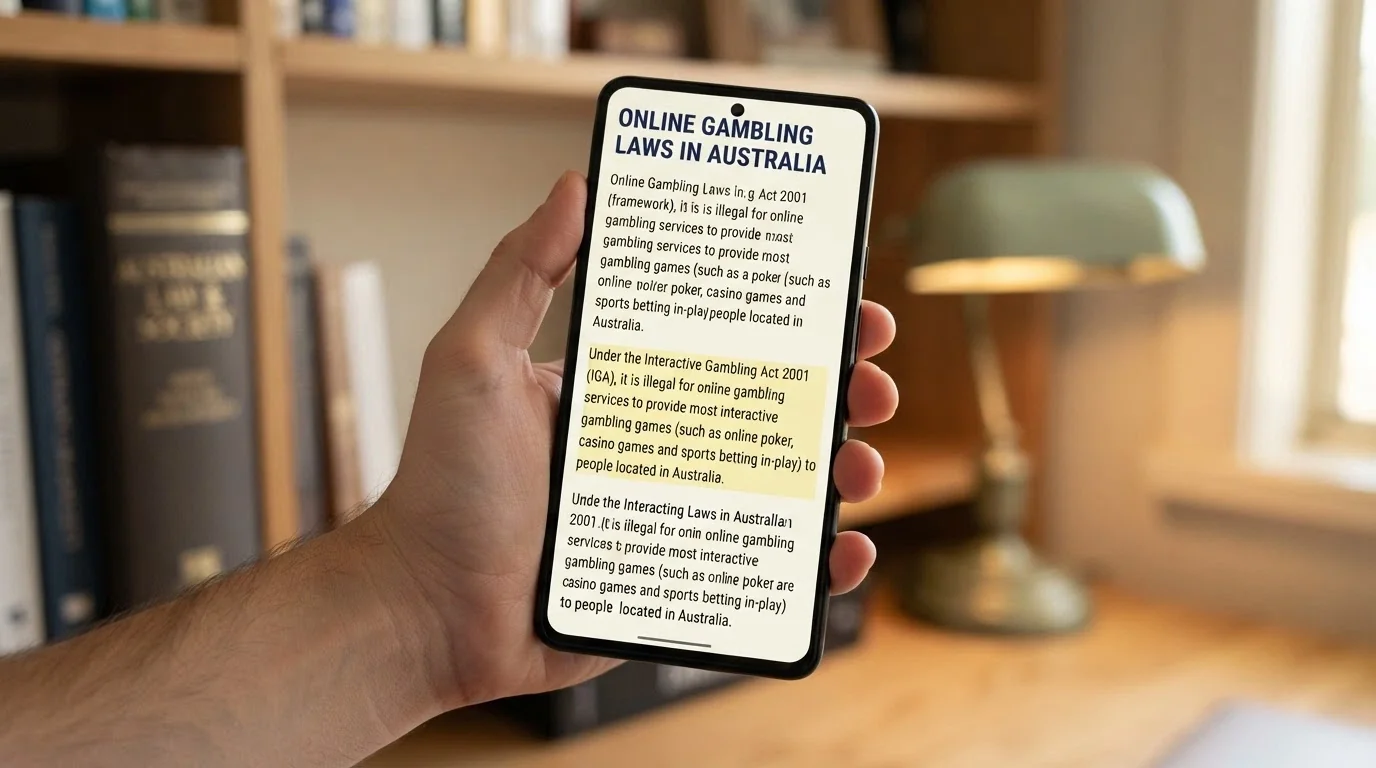 A smartphone displaying the ACMA website or the text of the Interactive Gambling Act 2001 with key sections visible
