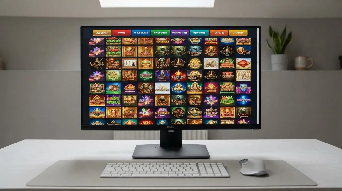 A desktop view of an online casino games lobby showing hundreds of slot thumbnails organised by category