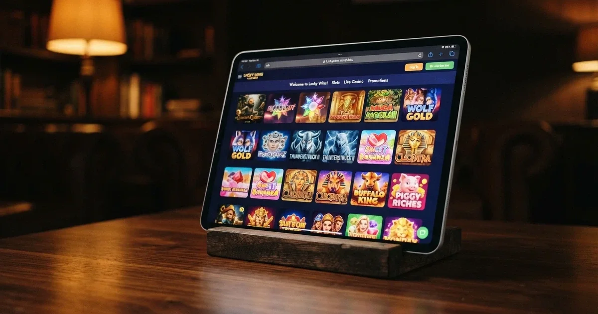 An iPad displaying an online casino game lobby in Safari, with pokies thumbnails arranged in a grid and the browser address bar visible