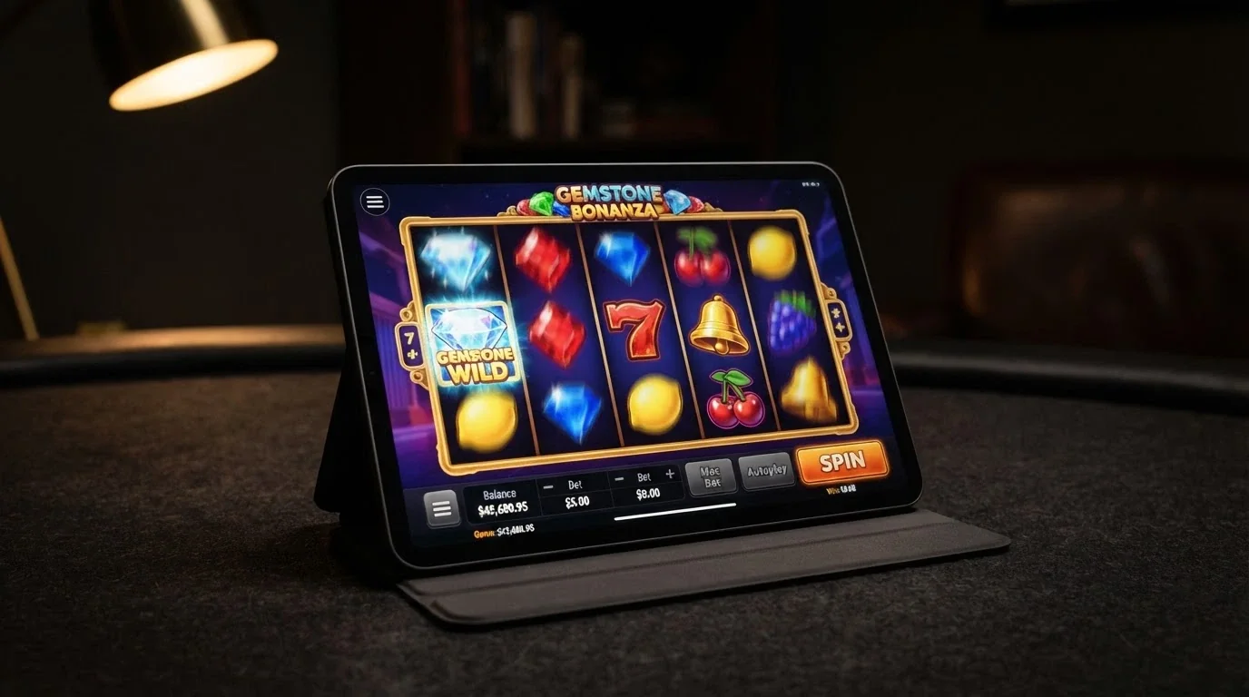 A landscape-oriented iPad showing a pokie game in play with the spin button and paytable visible, demonstrating the touch-optimised layout