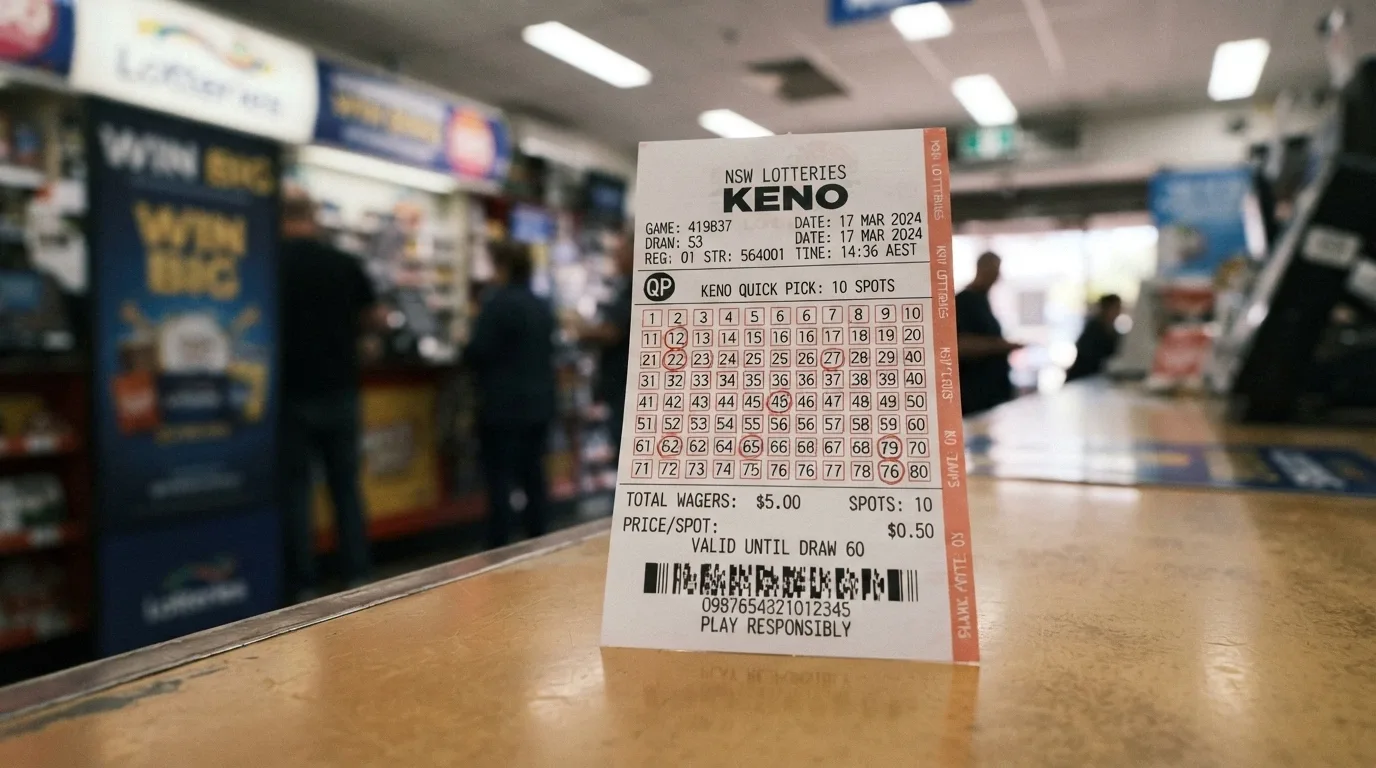 A physical or digital KenoGO-style ticket with Kwikpik spot selections and a draw time, against a recognisably Australian retail backdrop
