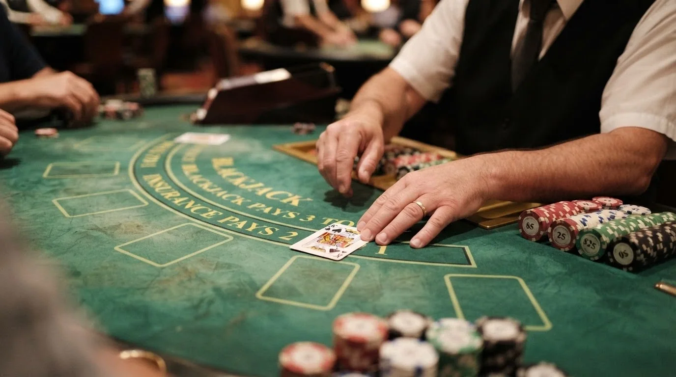 A close-up of a live blackjack table showing the dealer's hands dealing physical cards onto a green felt layout with chip stacks visible