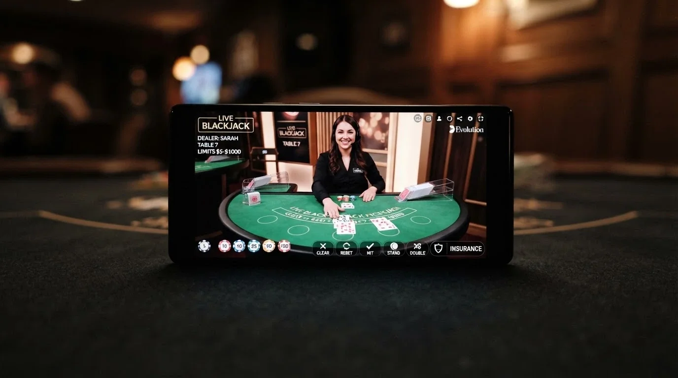 A smartphone in landscape orientation showing a live blackjack table with a real dealer on camera and bet placement buttons overlaid