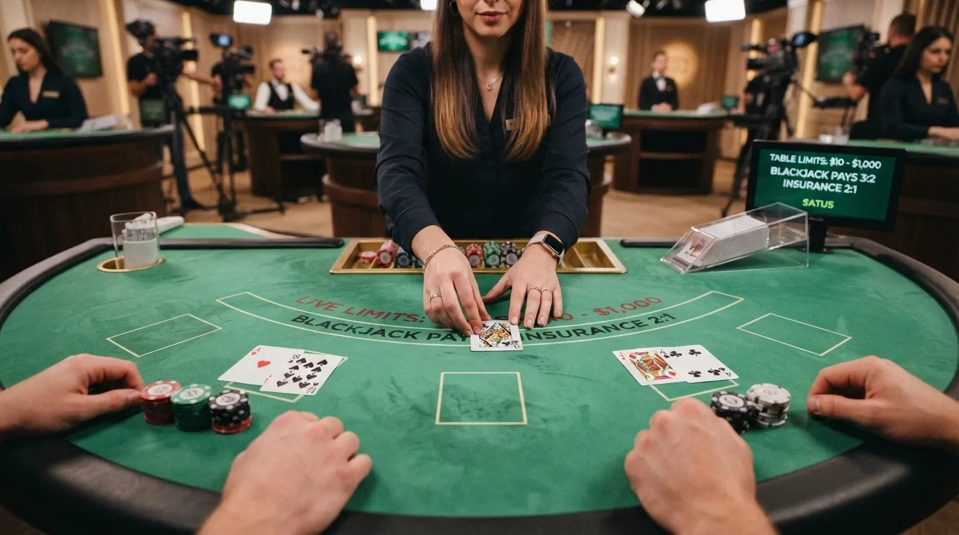 A live-dealer blackjack table with a real croupier dealing cards, streamed in high definition from a casino studio