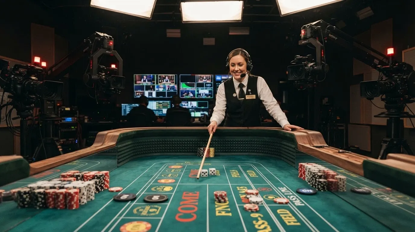 A wide shot of a live dealer craps studio with a real table, a human croupier and multiple camera angles visible on surrounding monitors