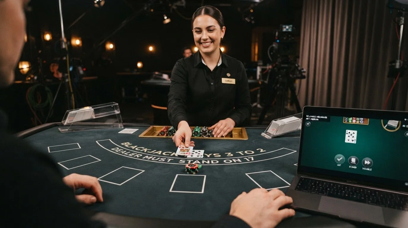 A live blackjack table with a dealer and a screen overlay showing an ETH balance and bet amount