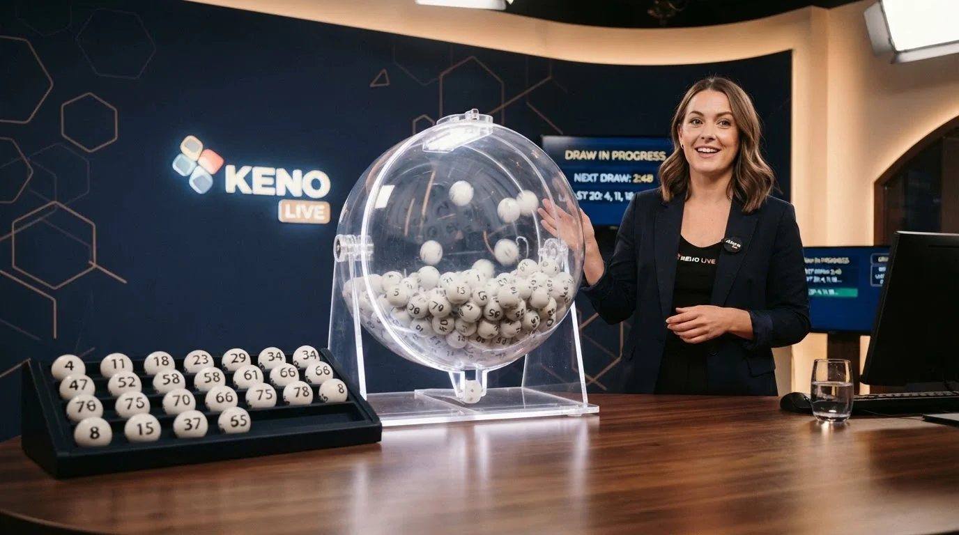 A live dealer studio shot showing a keno host beside a ball hopper with numbered balls, streamed to a player screen