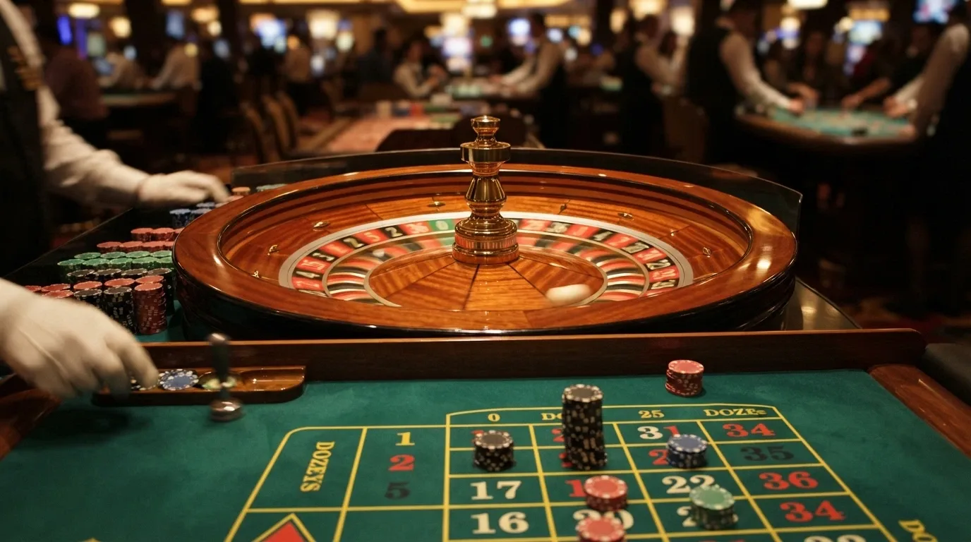 A European single-zero roulette wheel mid-spin with the ball visible in a numbered pocket, shot from the dealer's perspective