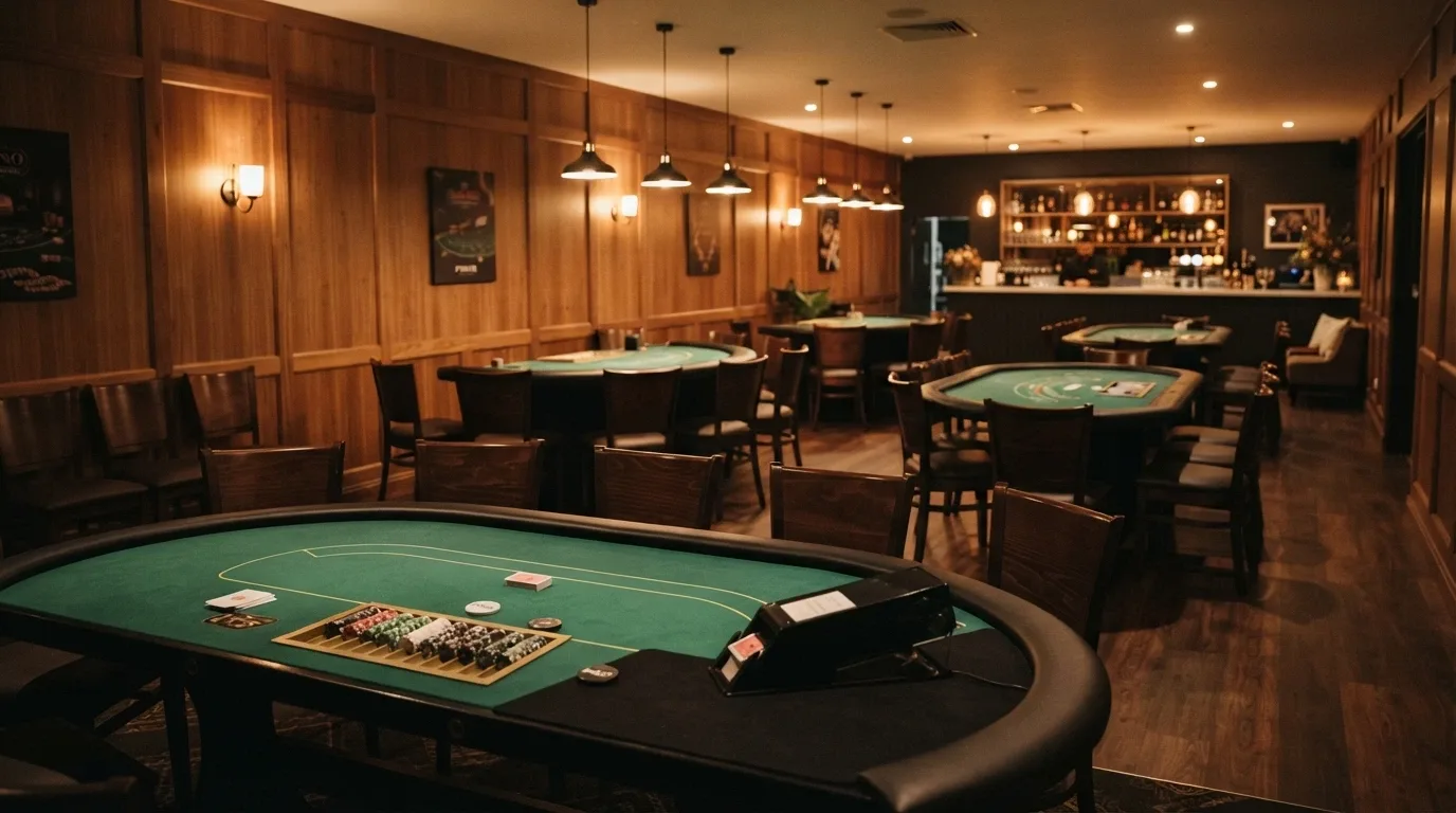 The Lotus Room set up for a private function showing gaming tables, event seating and the room's dedicated poker-parlour layout
