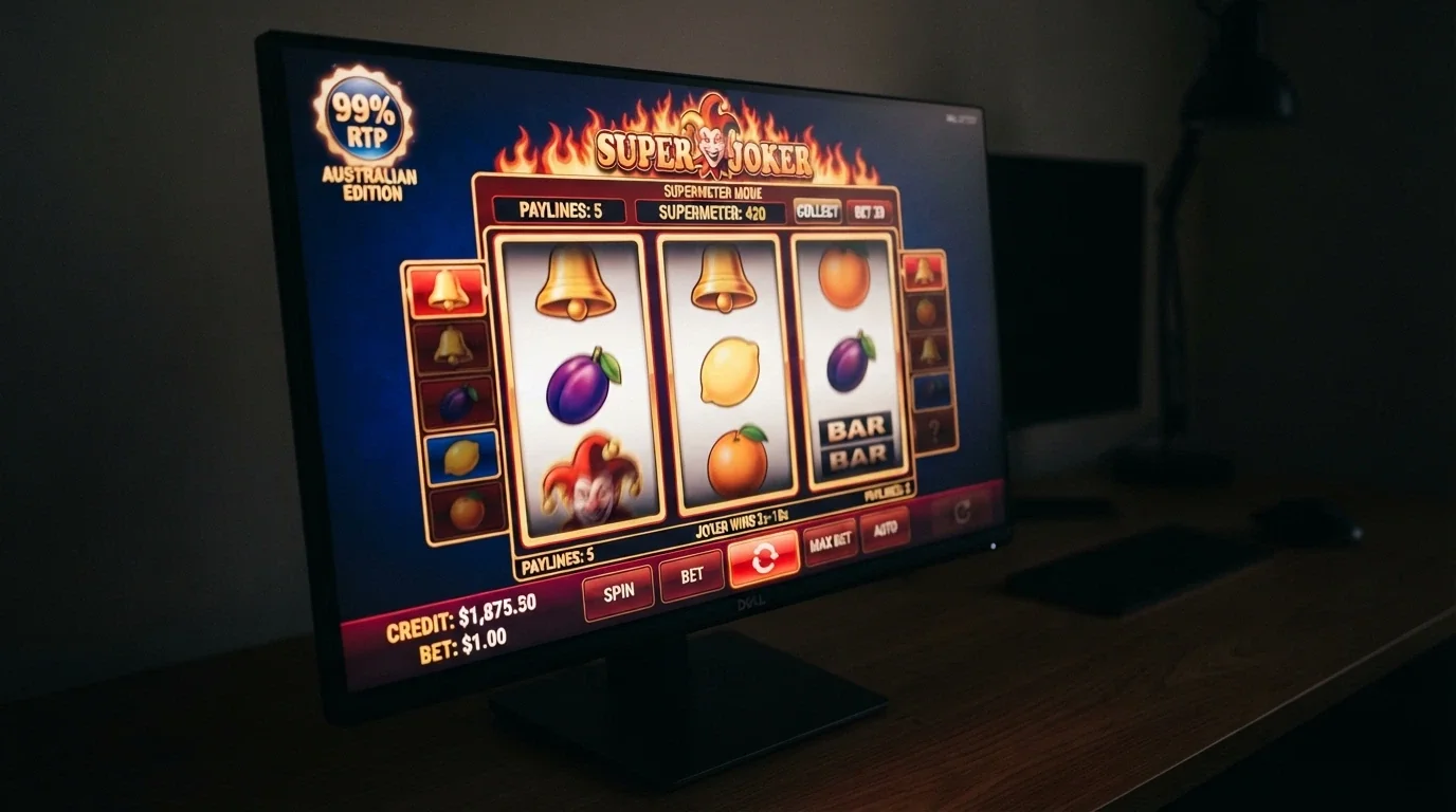 The Mega Joker slot screen showing the Supermeter mode and the 99% RTP badge