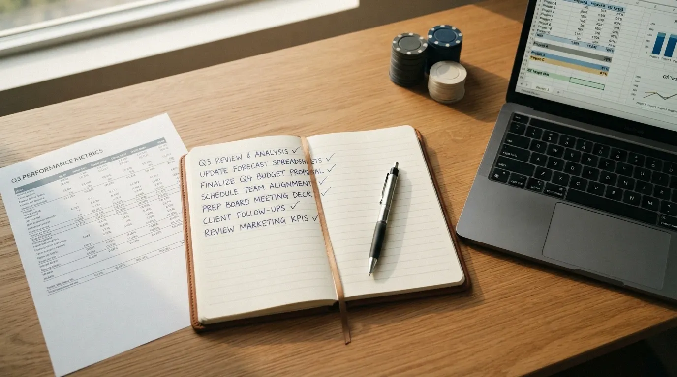 A checklist of evaluation criteria including licence verification, bonus term confirmation and responsible gambling checks beside a notepad
