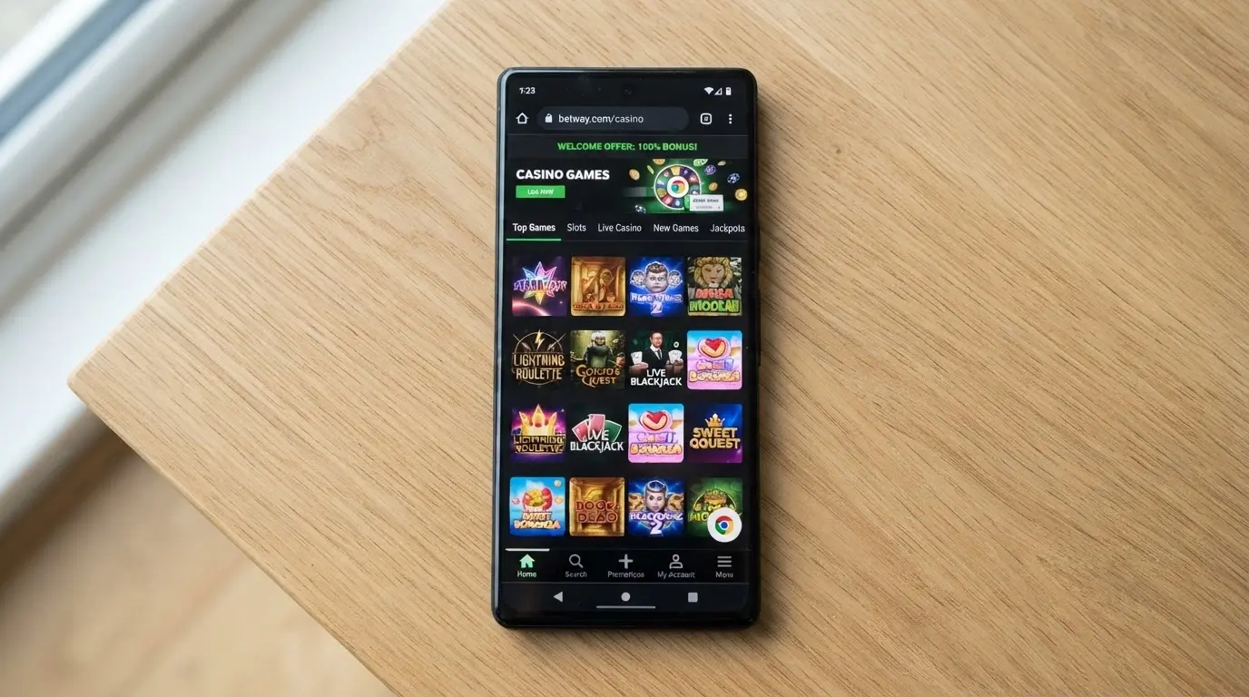 A mobile phone resting on a table with a casino website open in the browser and a home-screen shortcut arrow visible