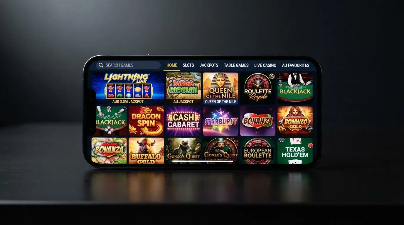 A smartphone in landscape orientation showing a grid of casino game thumbnails — pokies, blackjack and roulette — with a search bar and category filters at the top