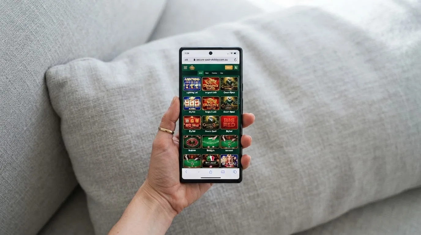 A hand holding a smartphone with a casino game loaded in a mobile browser, the browser address bar visible and no app icon on the home screen