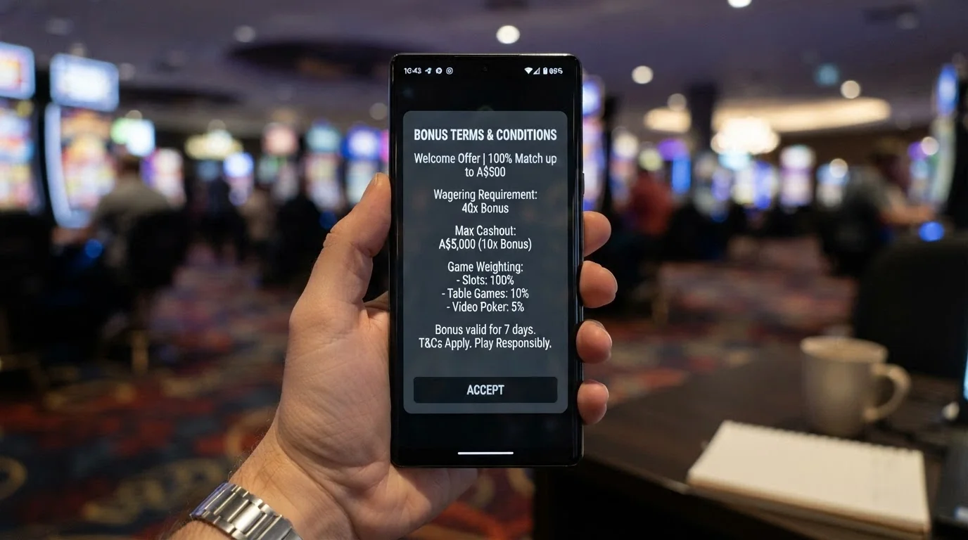 A smartphone screen showing a casino bonus terms pop-up with wagering requirement, max cashout and game-weighting clauses highlighted