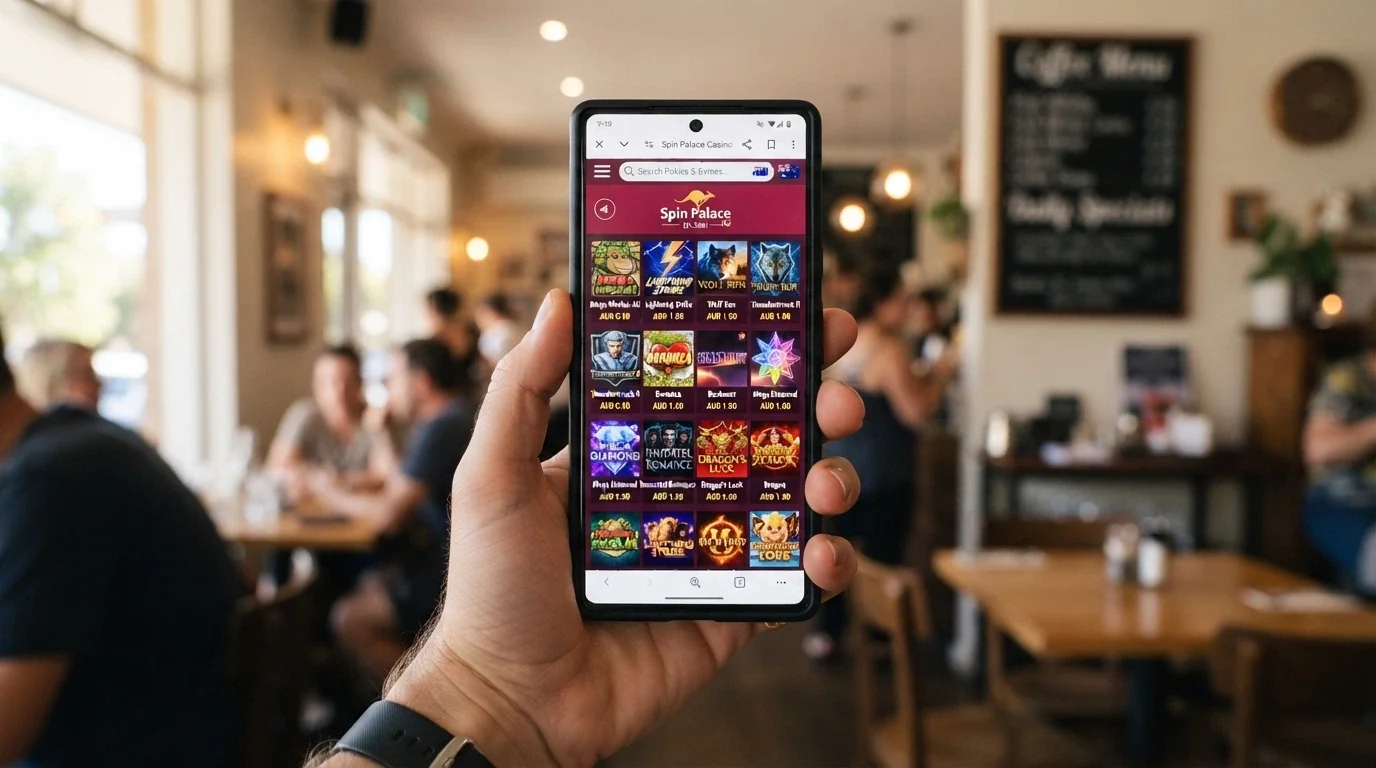 A smartphone held in hand showing a casino lobby in mobile browser view, with thumb-sized game icons and a hamburger menu
