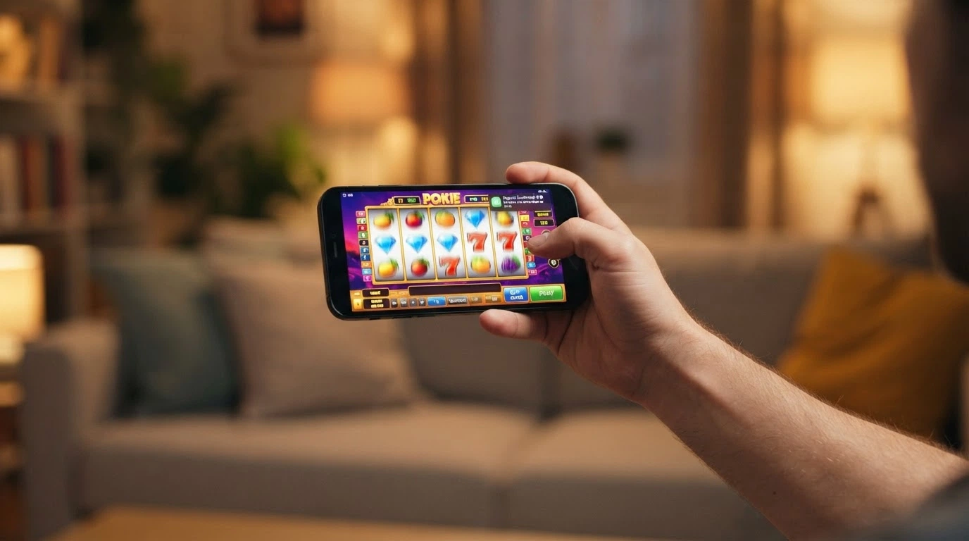 A hand holding a smartphone in landscape orientation displaying a pokie game, with a deposit confirmation notification overlay showing A$10