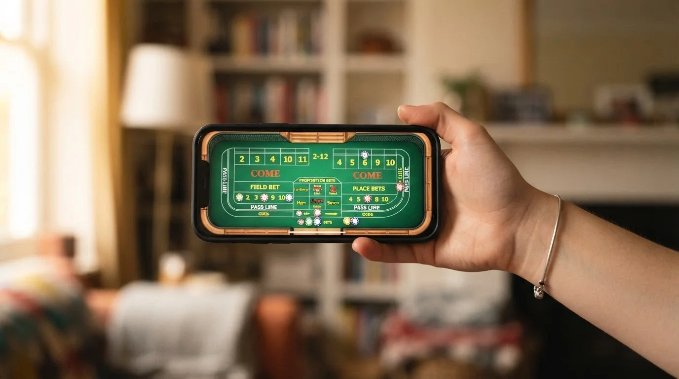 A smartphone held in landscape orientation displaying a mobile-optimised craps table with touch-activated betting zones