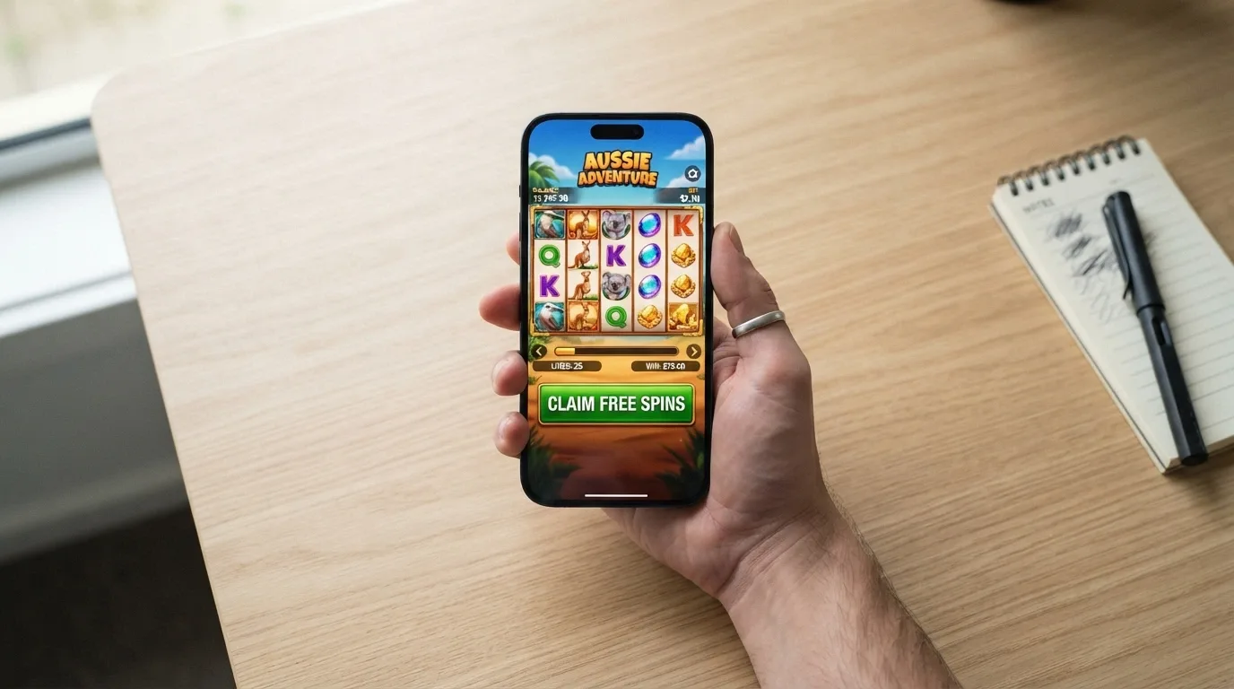 A hand holding a smartphone displaying a pokie game in a mobile browser, with a “Claim Free Spins” button visible on screen.