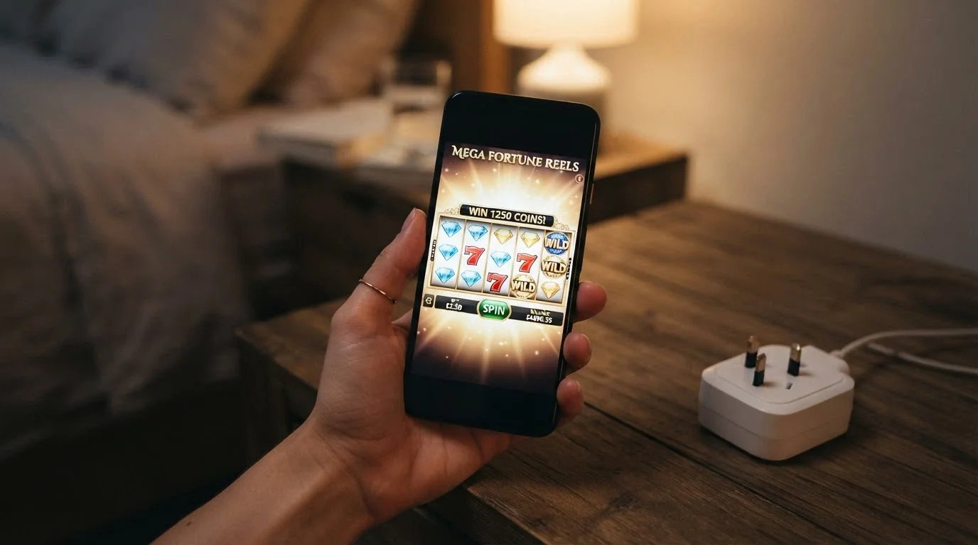 A hand holding a smartphone with a pokies game spinning on screen, the phone resting against an Australian power-point adapter