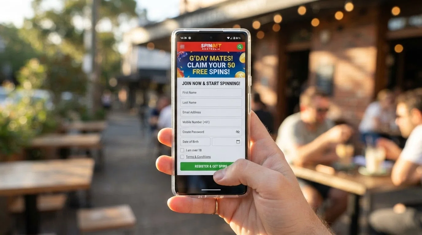 A hand holding a smartphone displaying a casino registration form with a free spins bonus banner