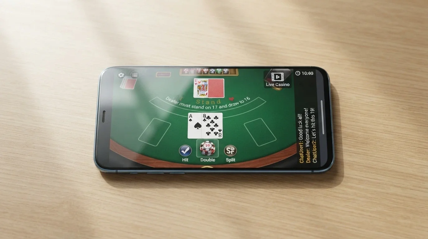 A smartphone displaying a live blackjack table in landscape orientation with the bet-placement overlay and chat window visible on screen