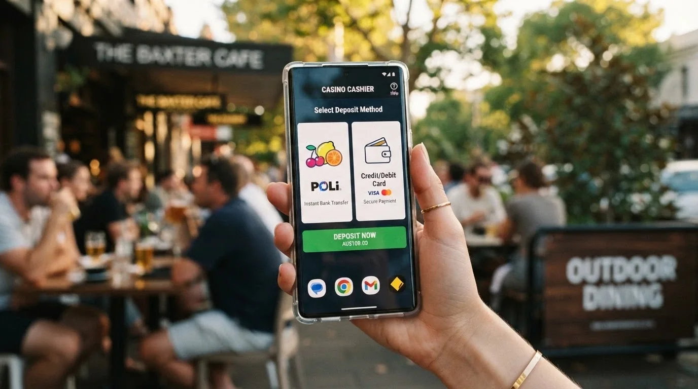 A smartphone held in one hand showing a casino deposit screen with Apple Pay and Google Pay buttons visible, a banking app icon in the phone's dock