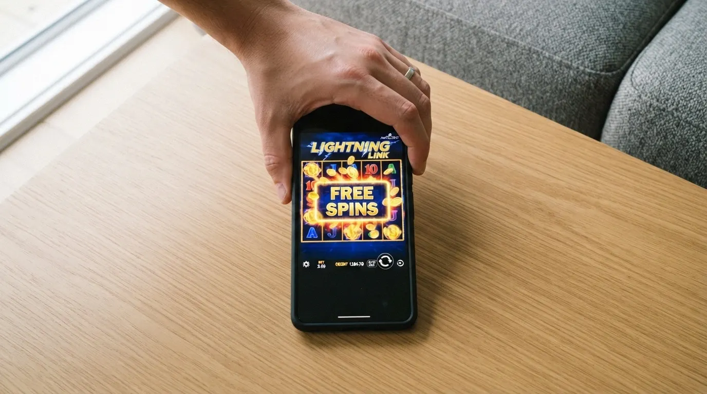 A hand holding a smartphone in portrait mode displaying a pokie game with a free-spins pop-up and a bonus-terms link visible