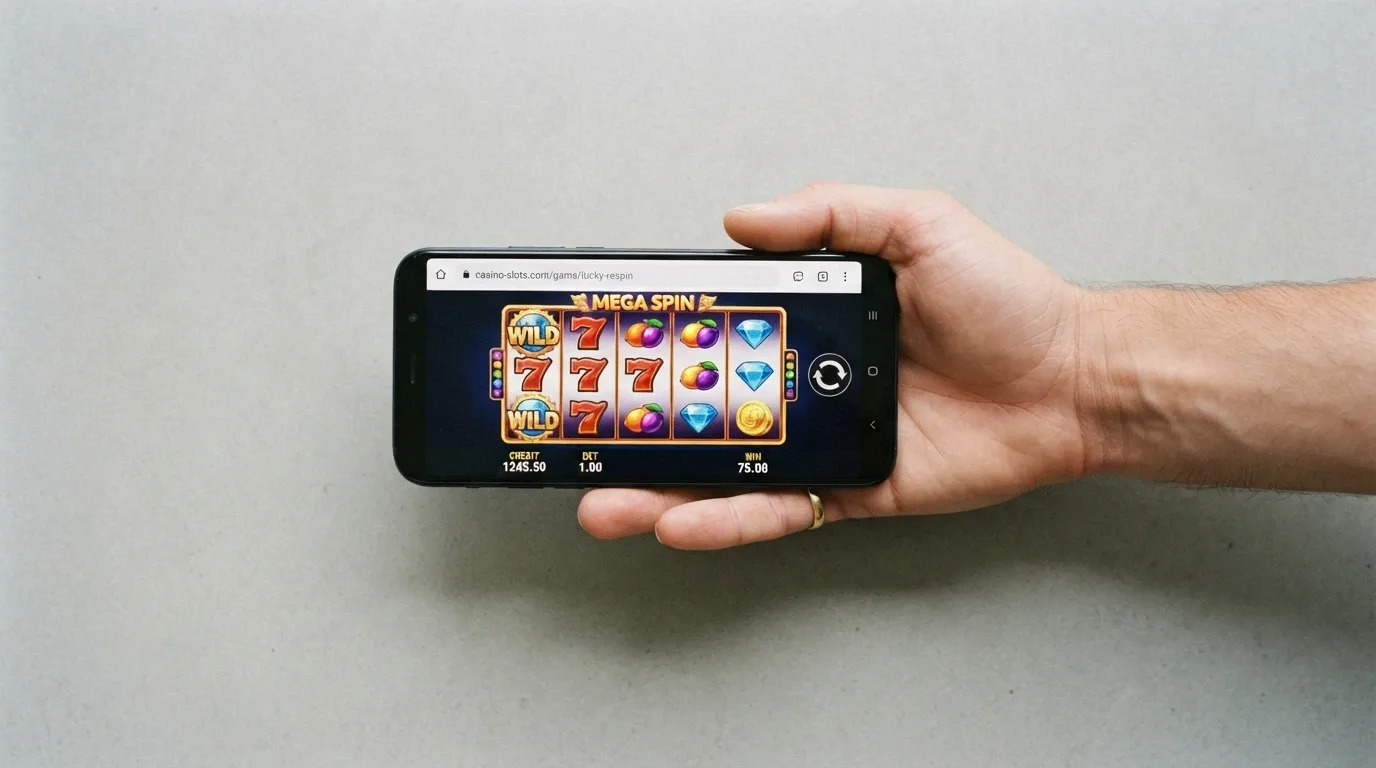 A hand holding a smartphone in landscape orientation showing a pokies game running in a mobile browser, with the browser address bar visible to emphasise no app is installed