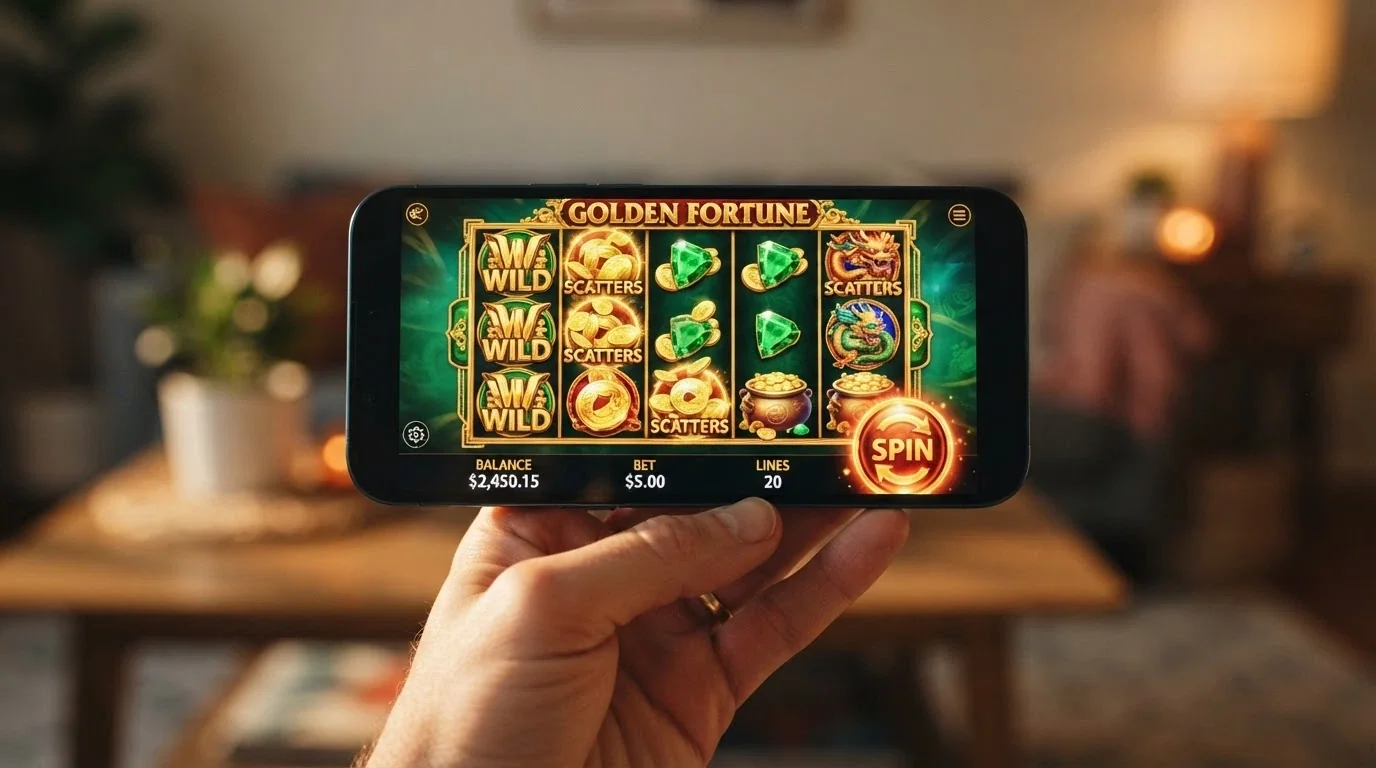 A hand holding a smartphone in landscape mode displaying a colourful online pokie game in a mobile browser, the spin button prominent