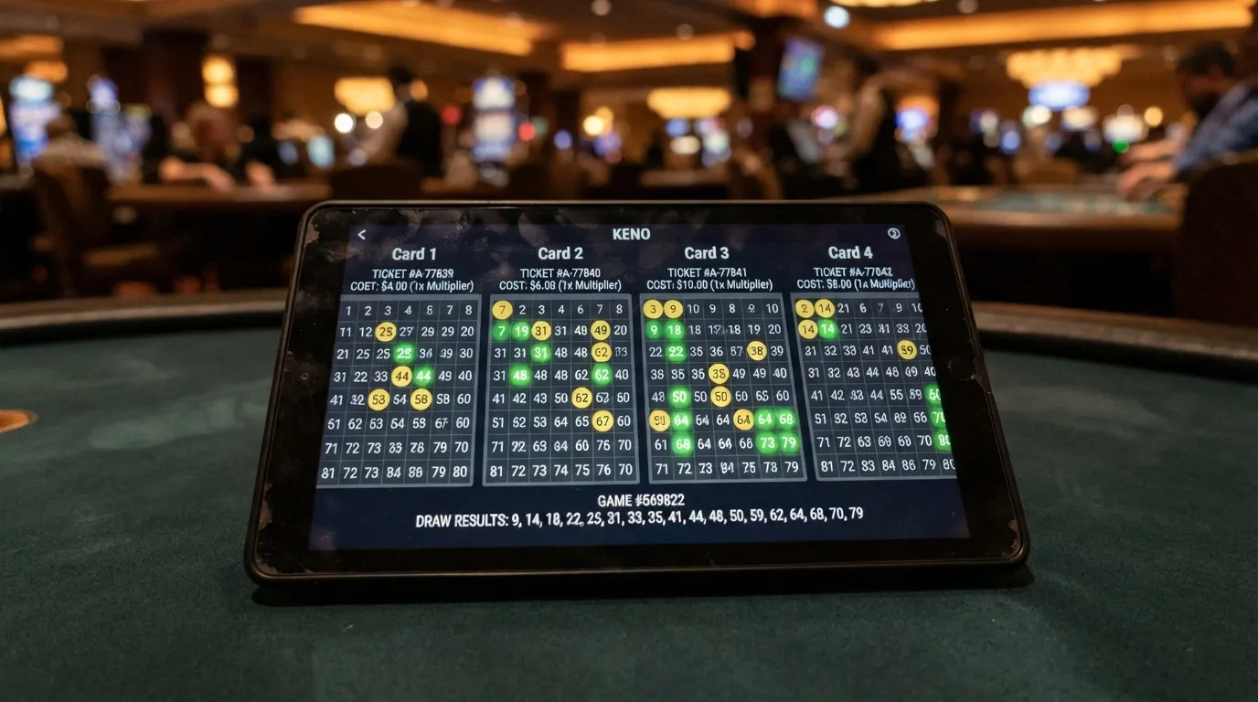 Four keno cards displayed on one screen, each showing different spot selections with some numbers matched