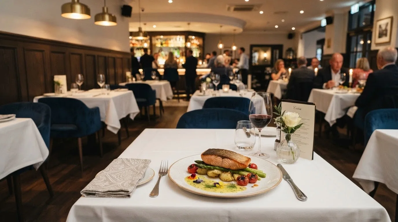 The interior of the Natural 9 restaurant showing plated dishes, table settings and the dining-room atmosphere