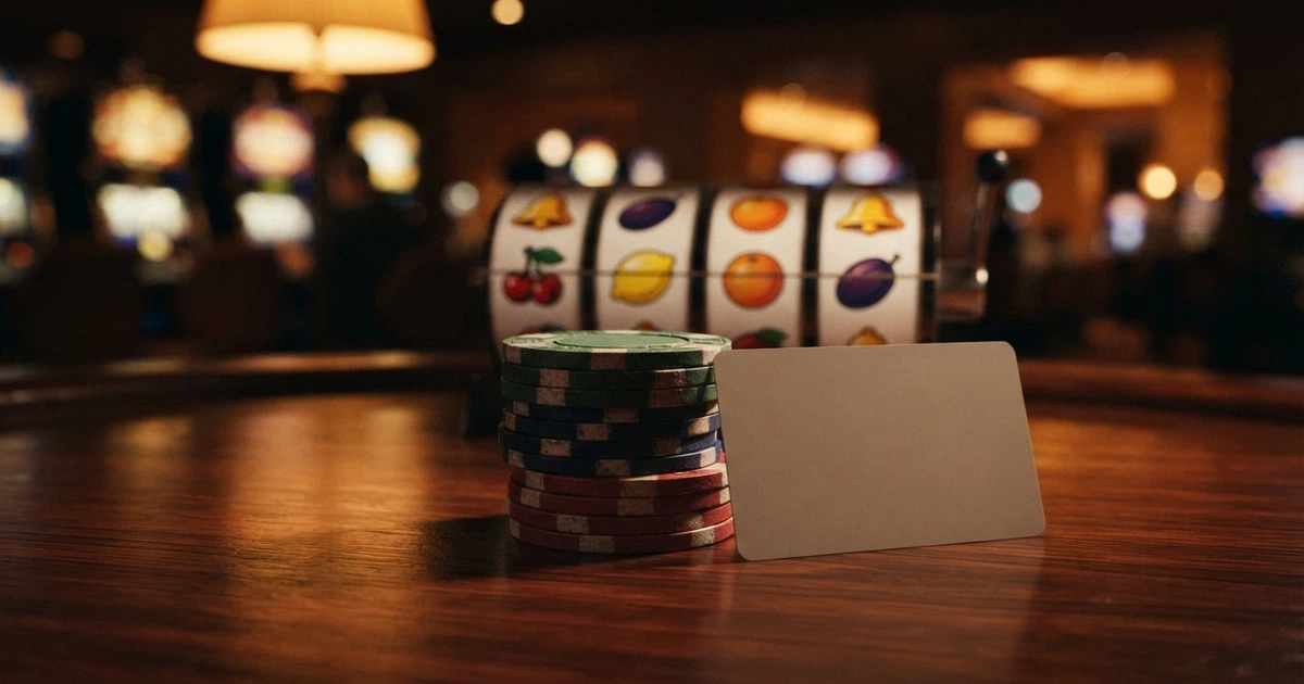 A digital illustration of casino chips and a pokies reel beside a no-credit-card symbol, conveying a no-deposit bonus concept