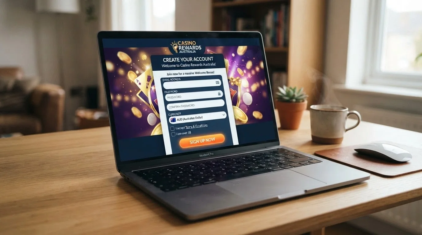 A registration form on a new online casino site with fields for email, password and currency selection set to AUD, a welcome bonus banner in the background
