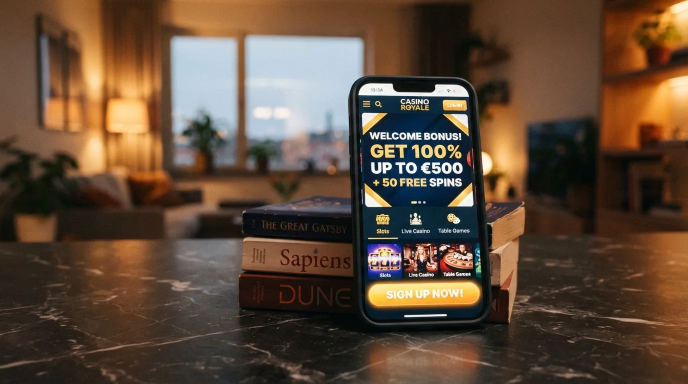 A freshly launched online casino homepage with a prominent welcome bonus banner and sign-up button