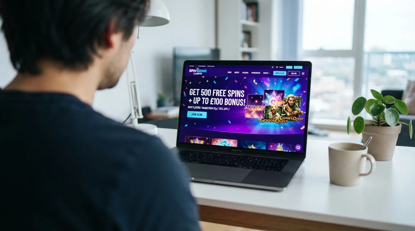 A sleek registration landing page of a newly launched online casino with a welcome offer prominently displayed