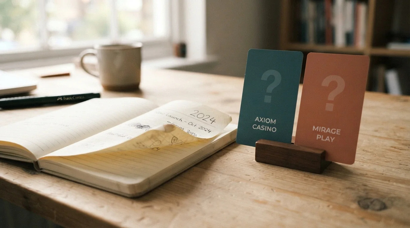 A calendar page turned to the current year beside casino-brand cards with question marks over their licence-status badges