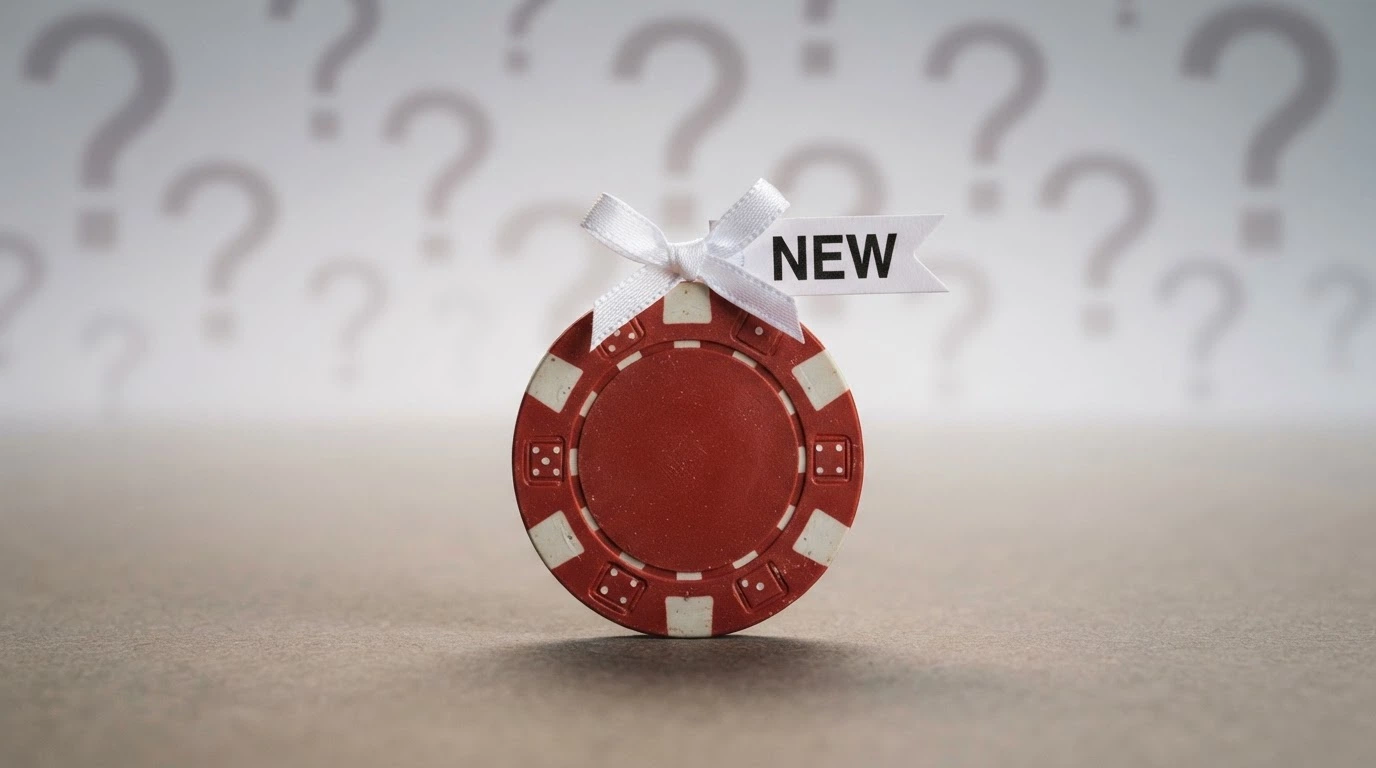 A freshly unwrapped casino chip with a “NEW” banner on it, set against a background of question marks fading into the distance.
