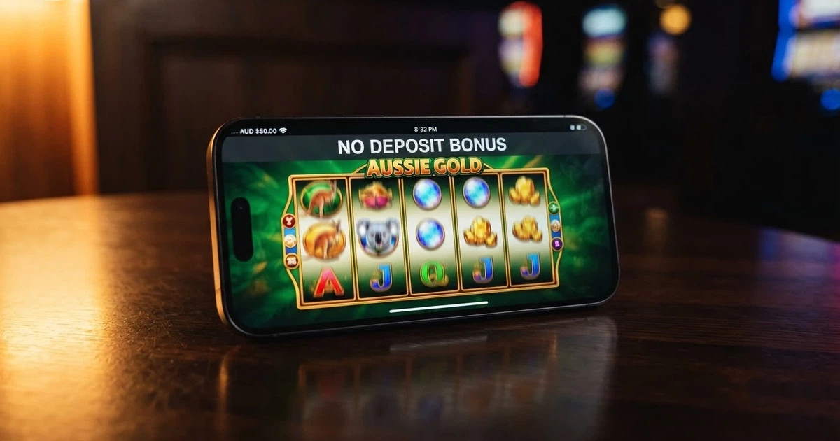 A row of colourful online pokies reels on a smartphone screen with the words “No Deposit Bonus” visible in a notification banner, set against a dark background
