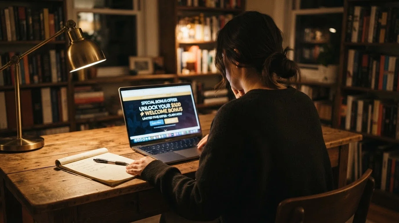 An Australian player at a laptop with a notepad beside them, weighing a casino bonus offer against a list of questions about wagering, cashout caps and licence status