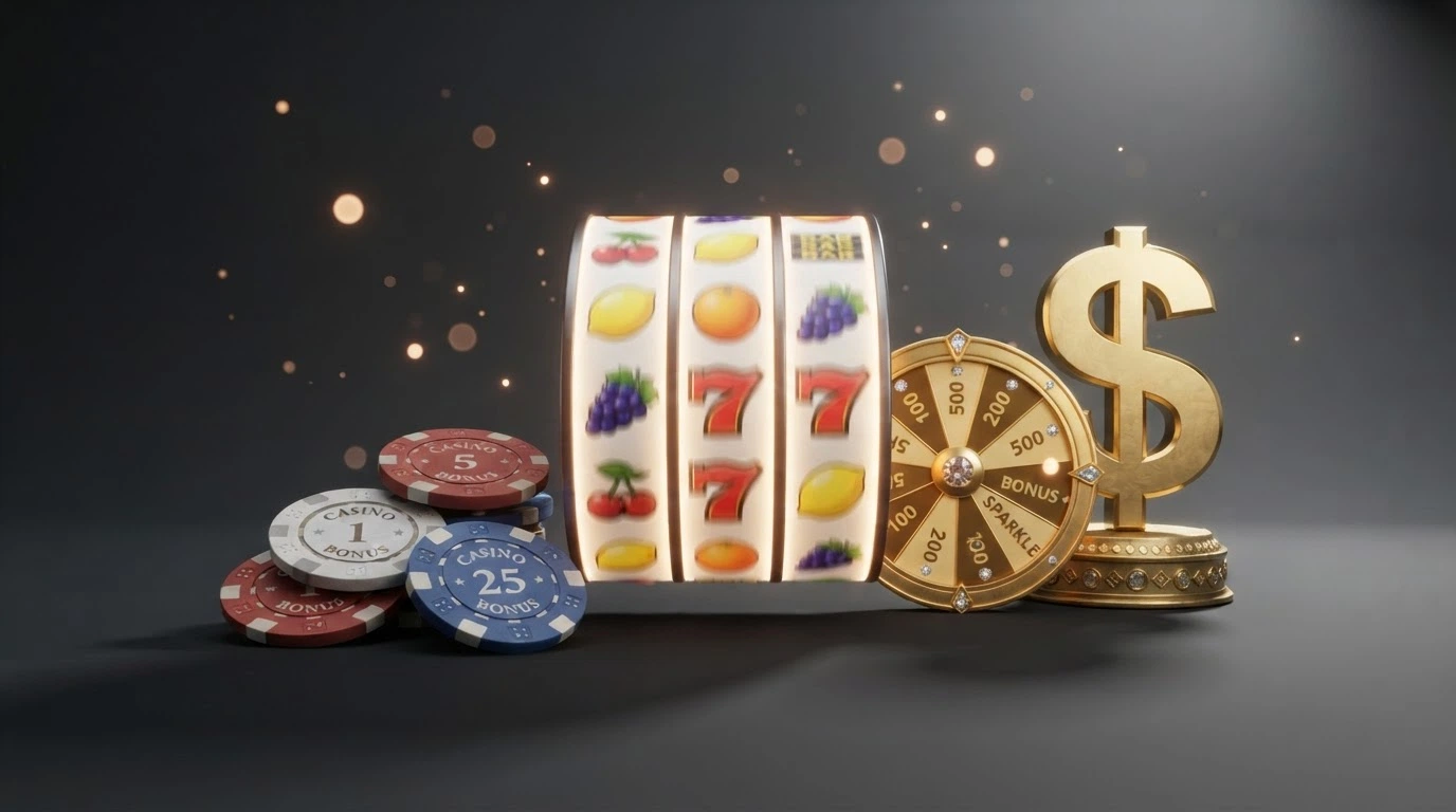 Free spins and no-deposit bonus icons beside Australian dollar symbols and a wagering-requirement graphic